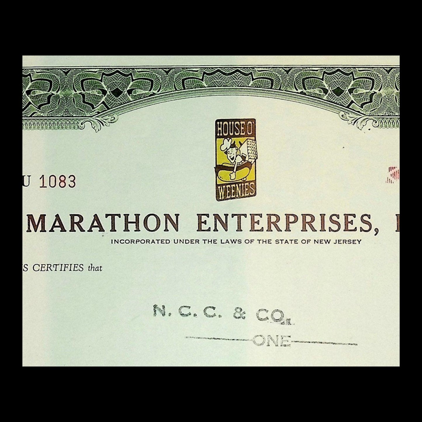 Marathon Enterprises Inc - 现为 Sabrett Hotdogs (House O' Weenies) 股票证书
