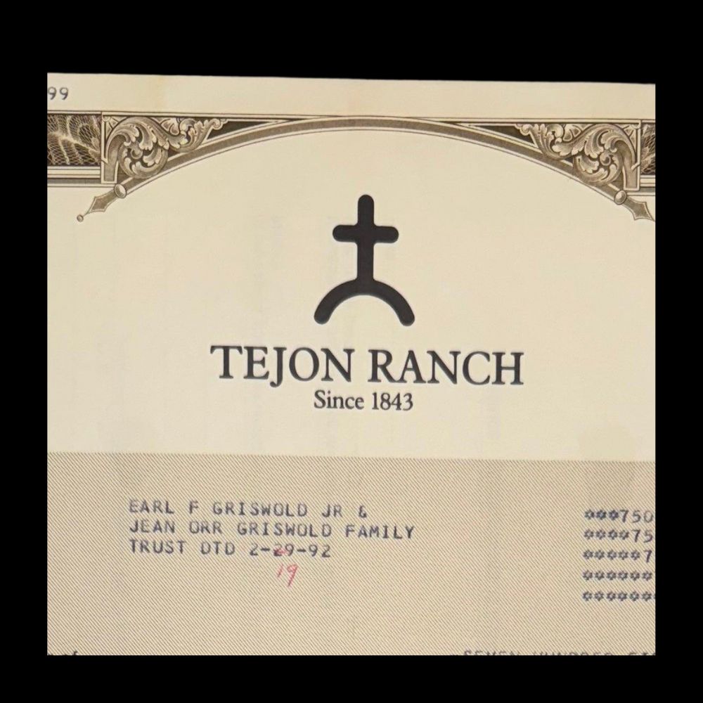 Tejon Ranch 股票证书