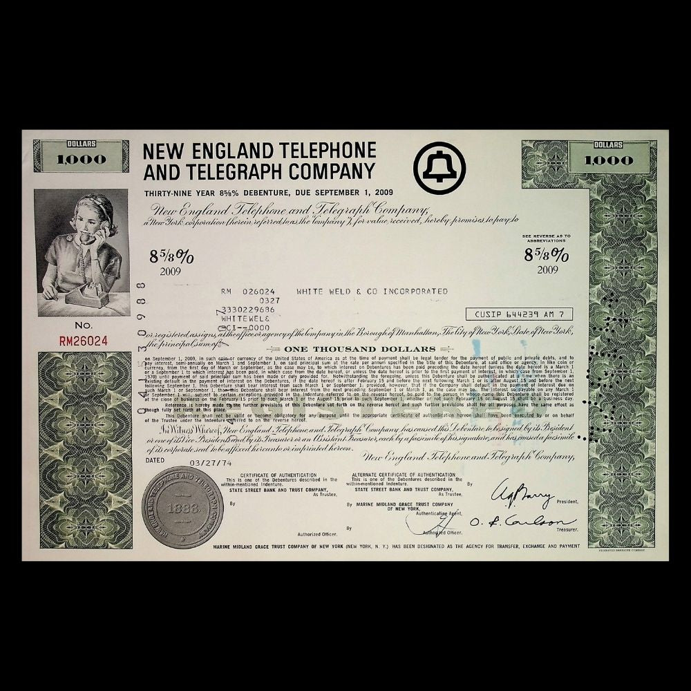 New England Telephone and Telegraph Company Stock Certificate from 1970s – Multi-Color