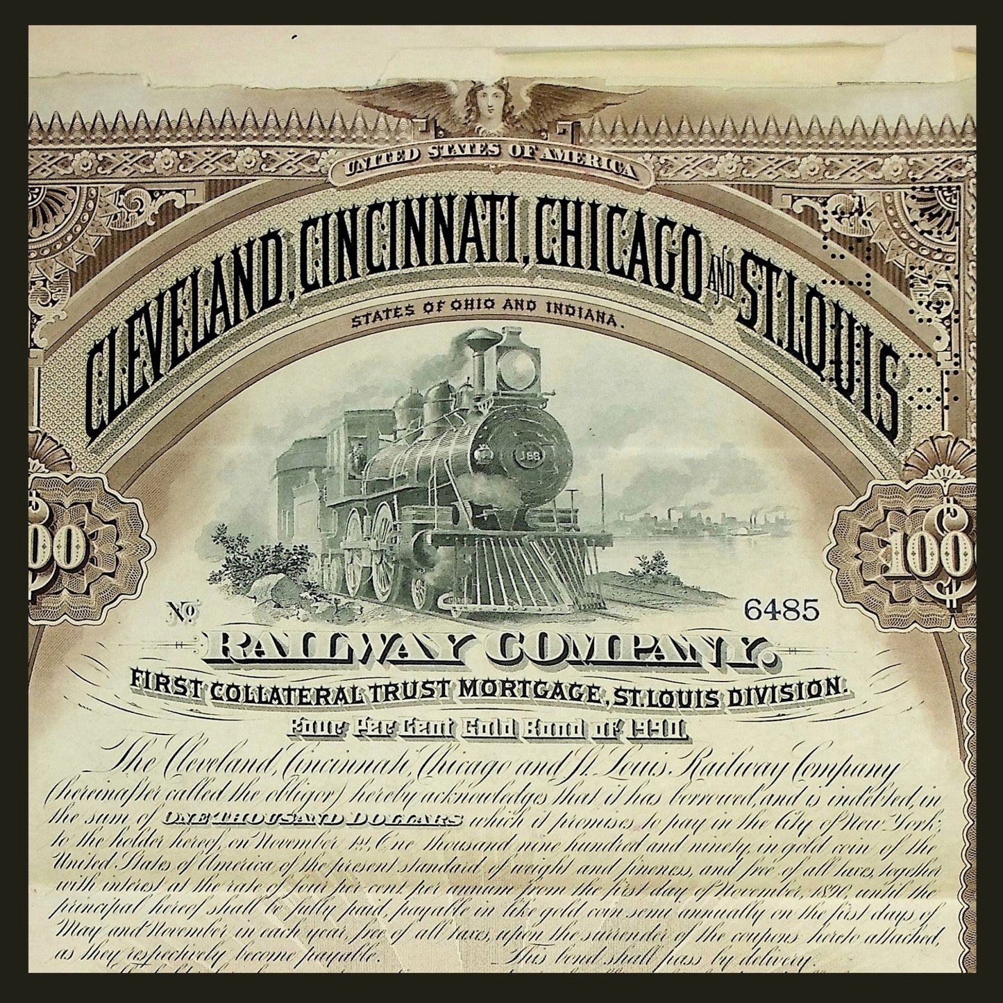 The Cleveland, Cincinnati, Chicago and St Louis Railway Company Bond for $1000 from 1890
