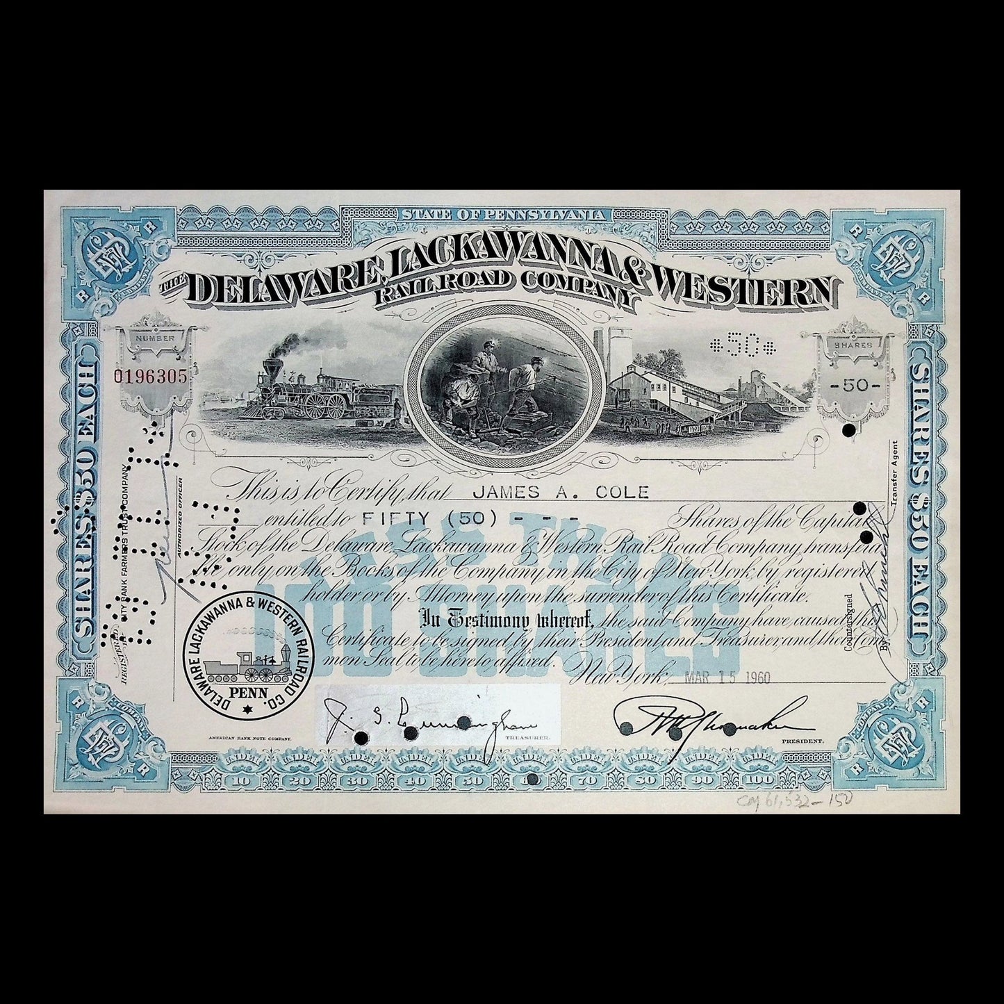 Delaware Lackawanna & Western Railroad Company Stock Certificate