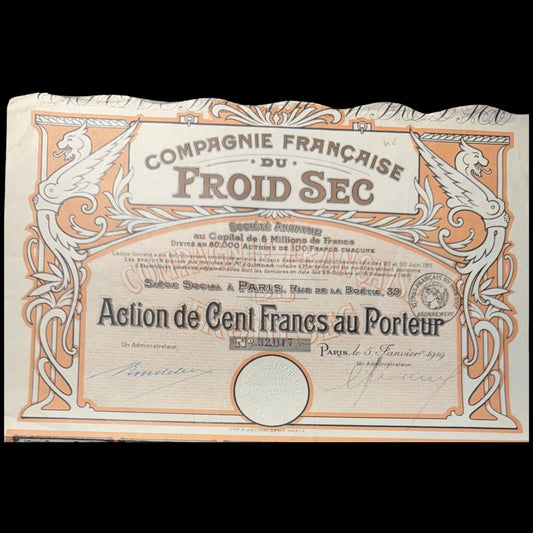 French Refrigeration Company (Compagnie Française du Froid Sec) Stock Certificate from 1919