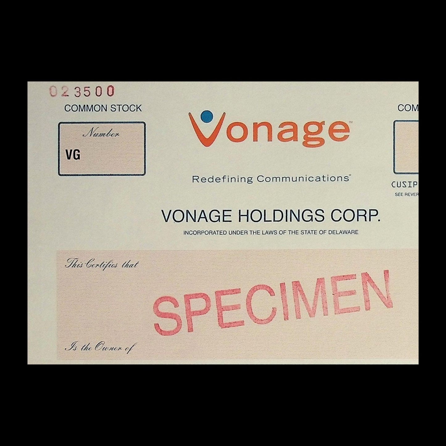 Vonage VOIP Stock Certificate from 2000s (dot com era)