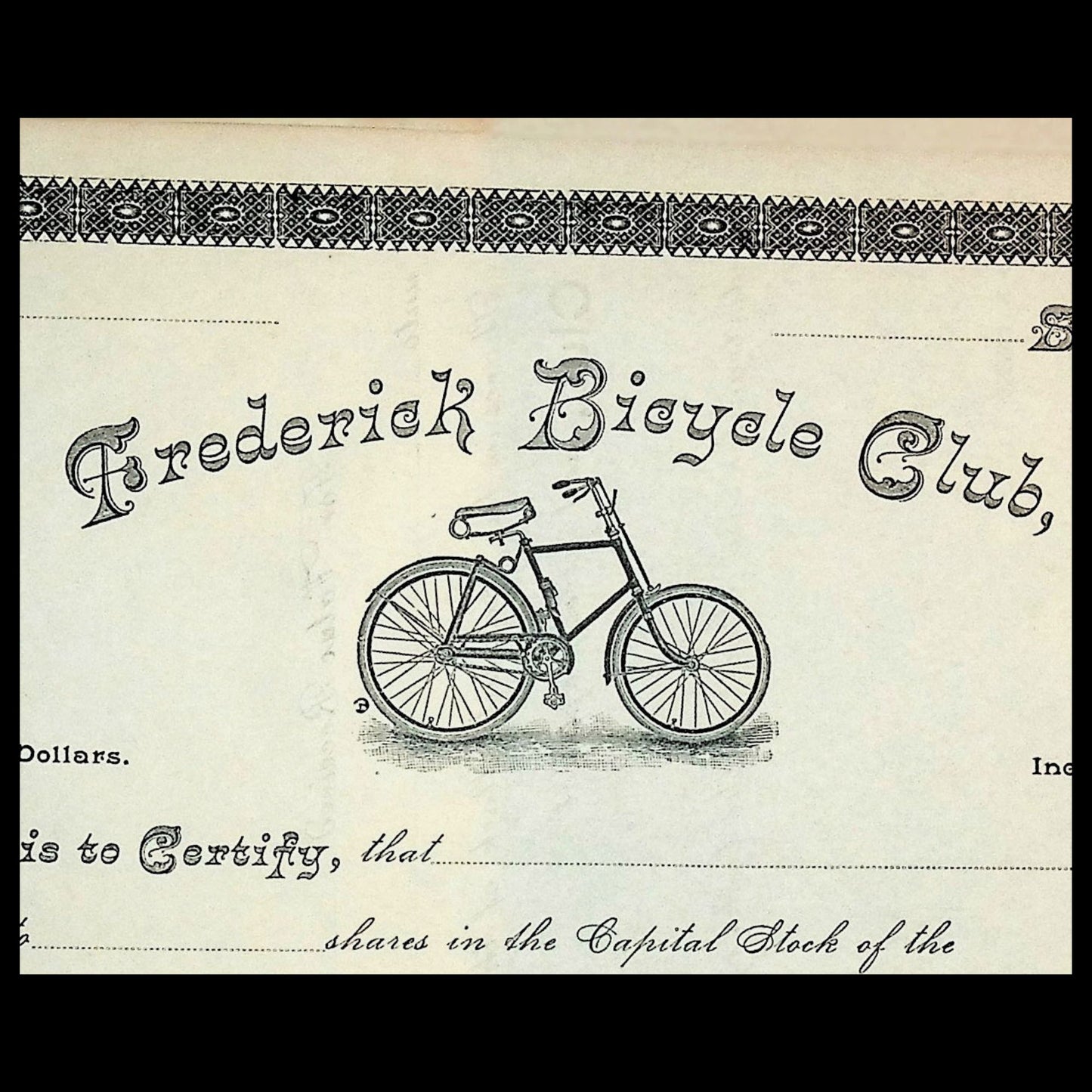 Frederick's Bicycle Club Stock Certificate from 1893 (Unissued)