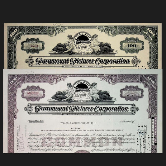 Paramount Pictures Stock Certificate from 1960s - Purple & Green