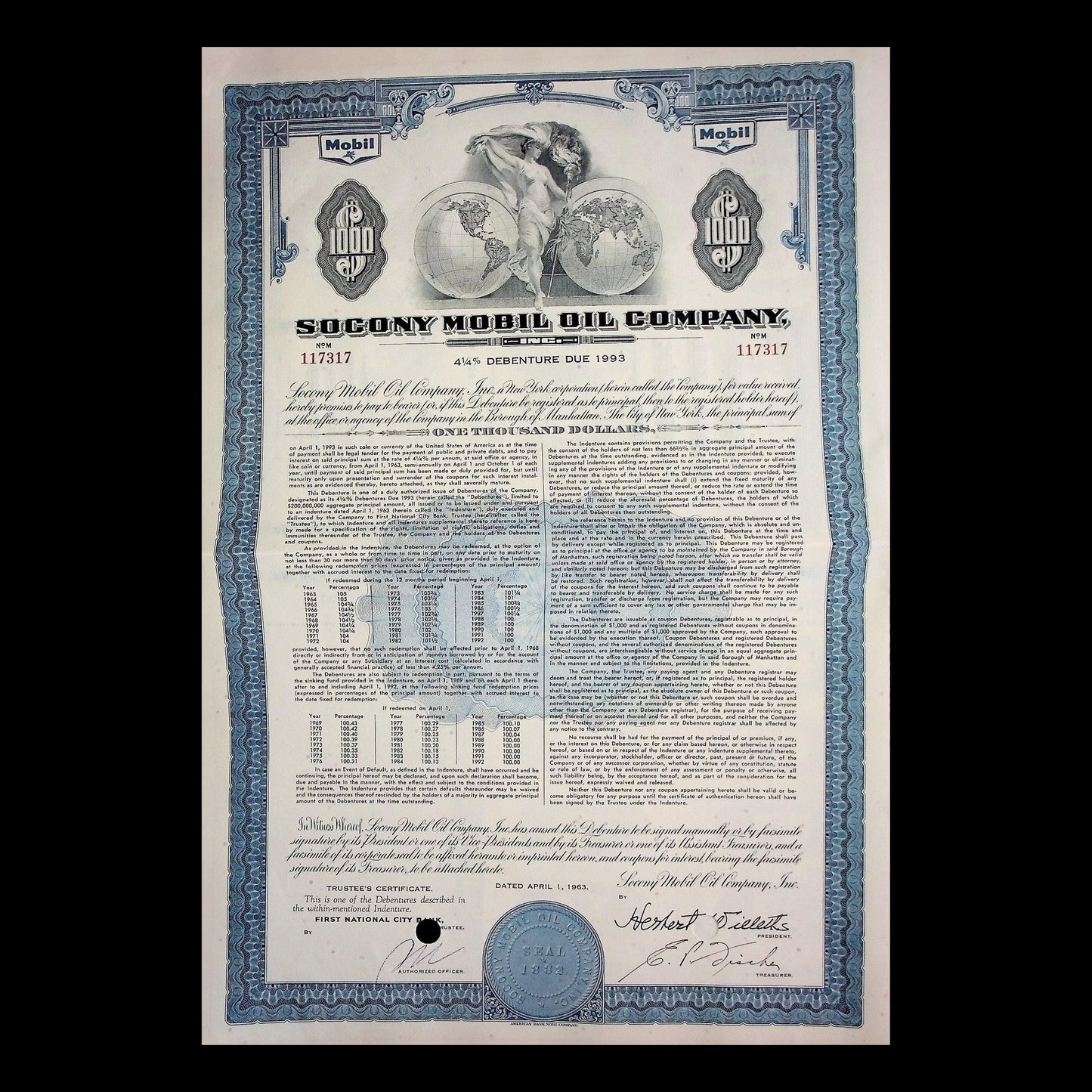 1963 年 Socony Mobil 石油公司债券证书(附有息票)
