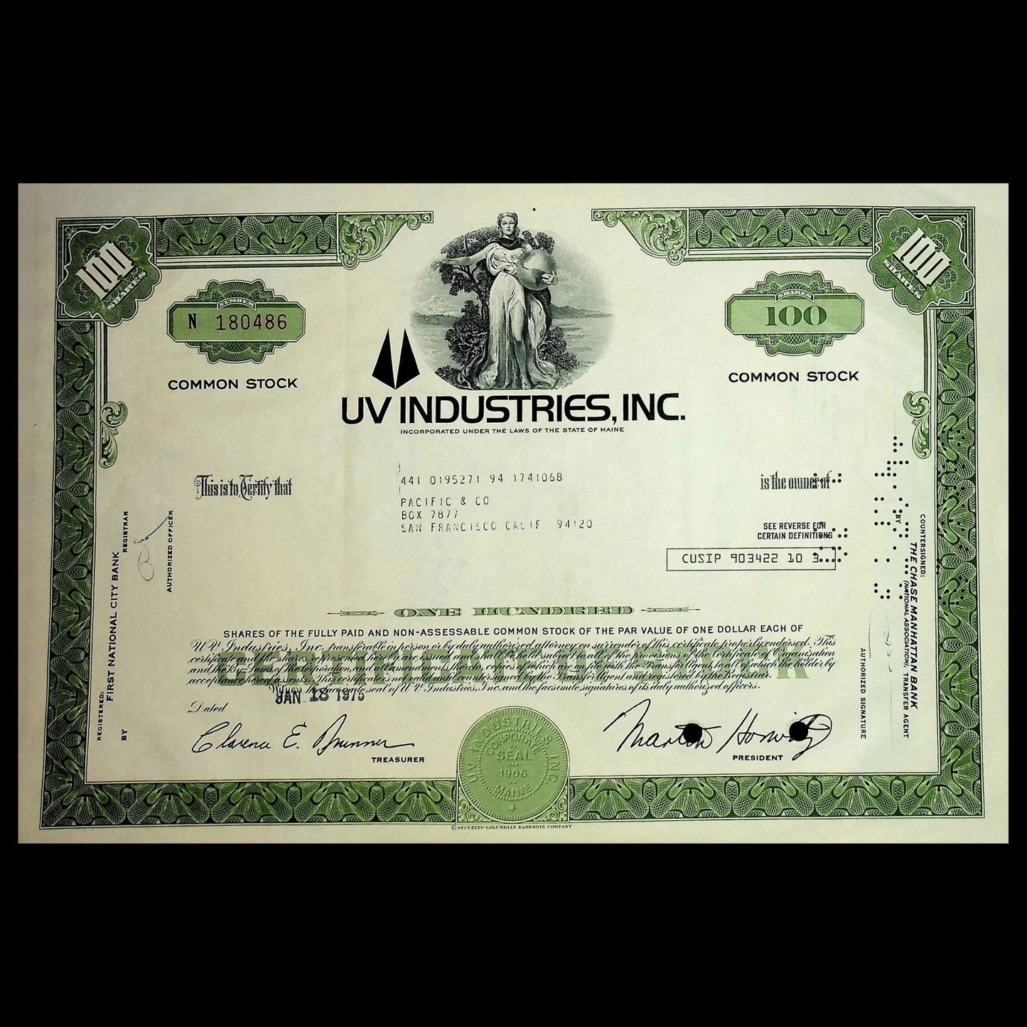 UV Industries Inc 股票证书
