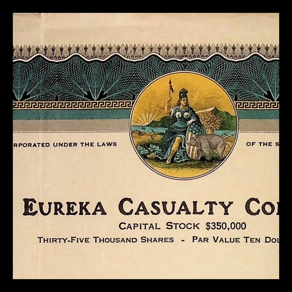 Eureka Casualty Company Stock Certificate from 1929 (Blue and Yellow, California)