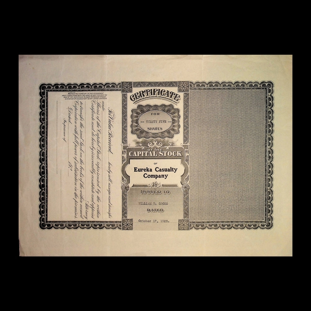 Eureka Casualty Company Stock Certificate from 1929 (Blue and Yellow, California)