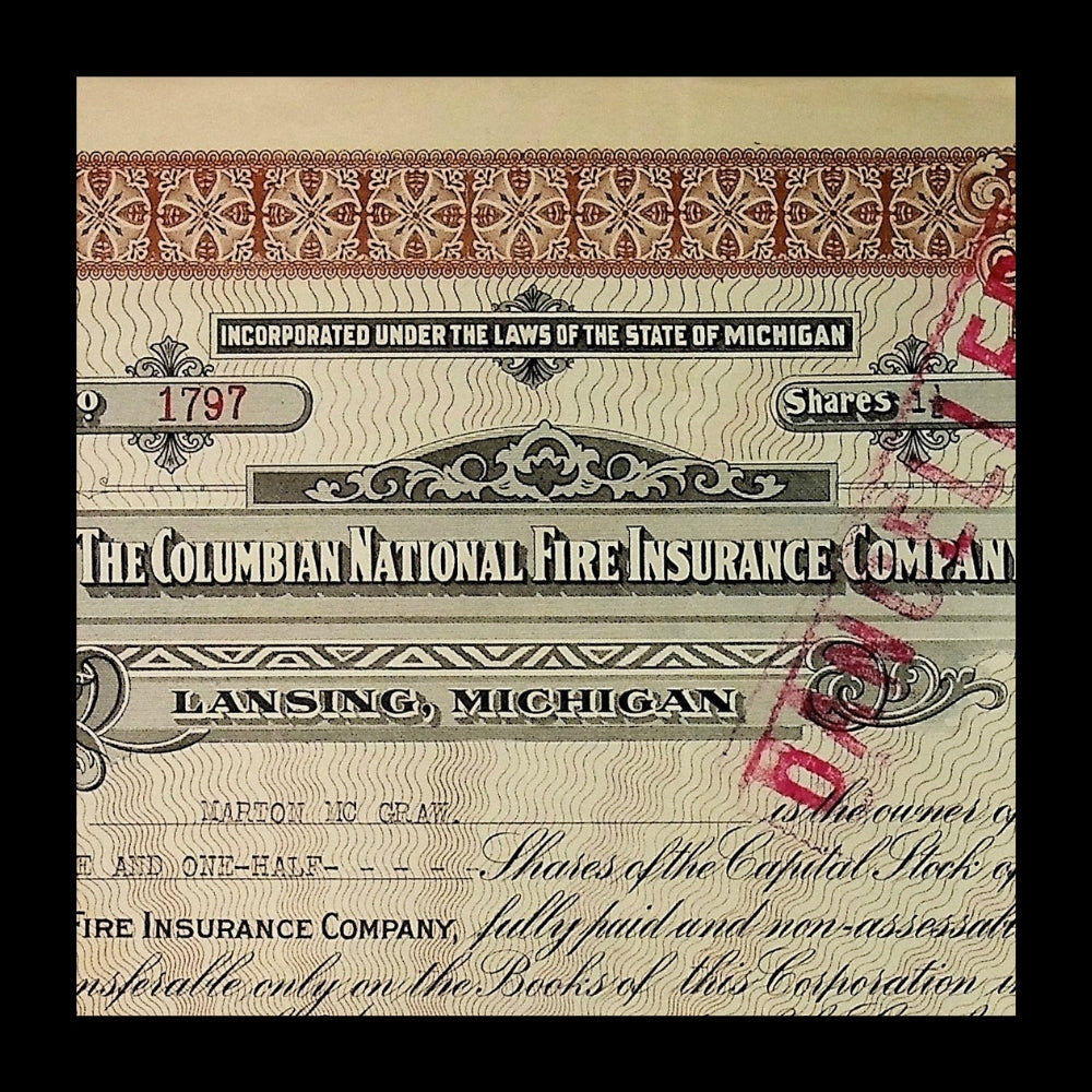 Colombian National Fire Insurance Company Stock Certificate from 1923 (Michigan)