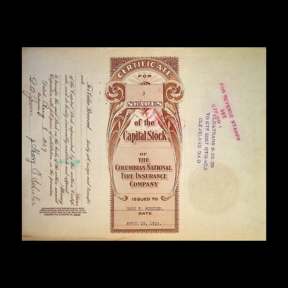 Colombian National Fire Insurance Company Stock Certificate from 1923 (Michigan)
