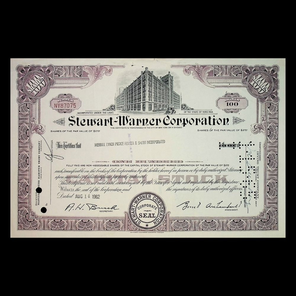 Stewart-Warner Corporation Stock Certificate from 1960s–70s