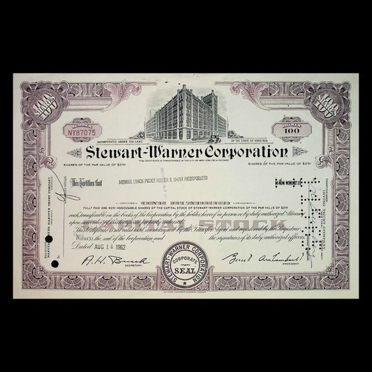 Stewart-Warner Corporation Stock Certificate from 1960s–70s