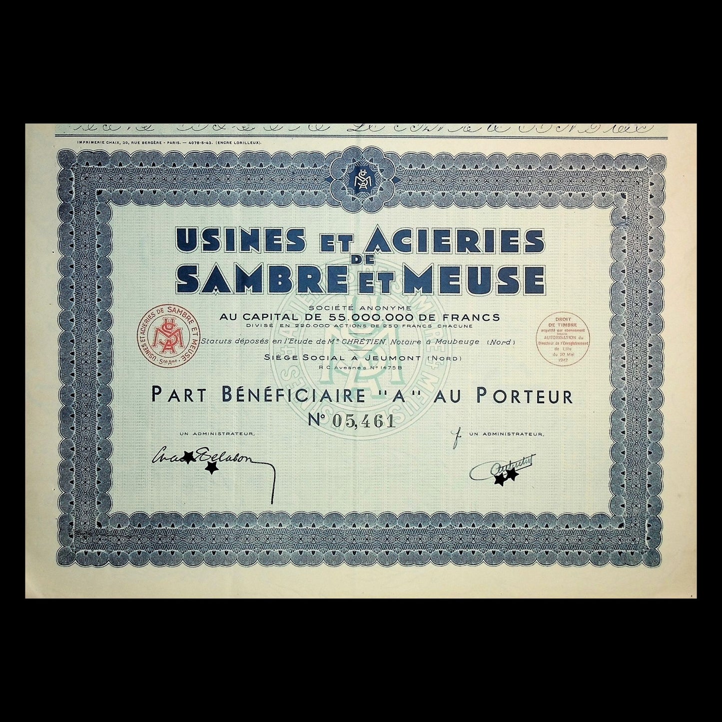 Sambre et Meuse (Steel Manufacturing) Stock Certificate in French from 1942