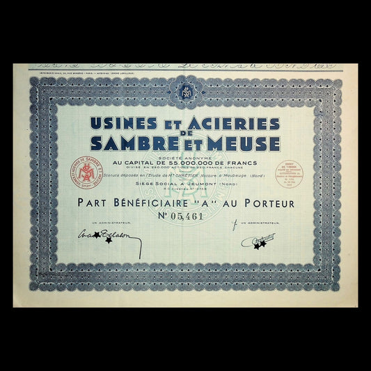 Sambre et Meuse (Steel Manufacturing) Stock Certificate in French from 1942