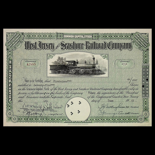 West Jersey and Seashore Railroad Company Stock Certificate from 1950s/60s