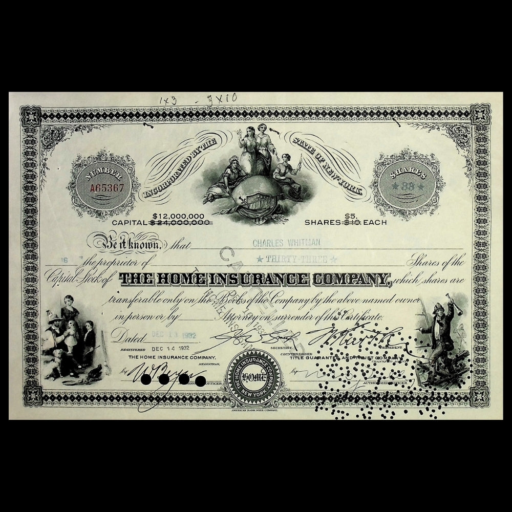 Home Insurance Company Stock Certificate – 1932 New York