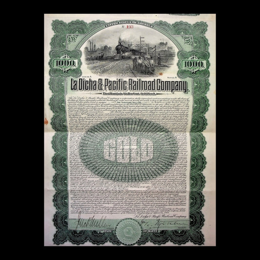 La Dicha & Pacific Railroad Company Uncanceled Gold Bond – 1906 (Coupons Attached)