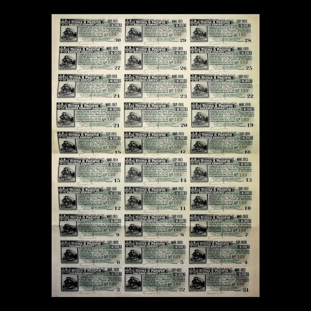 La Dicha & Pacific Railroad Company Uncanceled Gold Bond – 1906 (Coupons Attached)