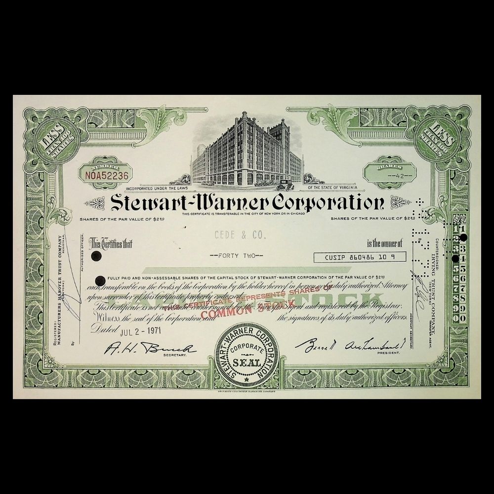 Stewart-Warner Corporation Stock Certificate from 1960s–70s