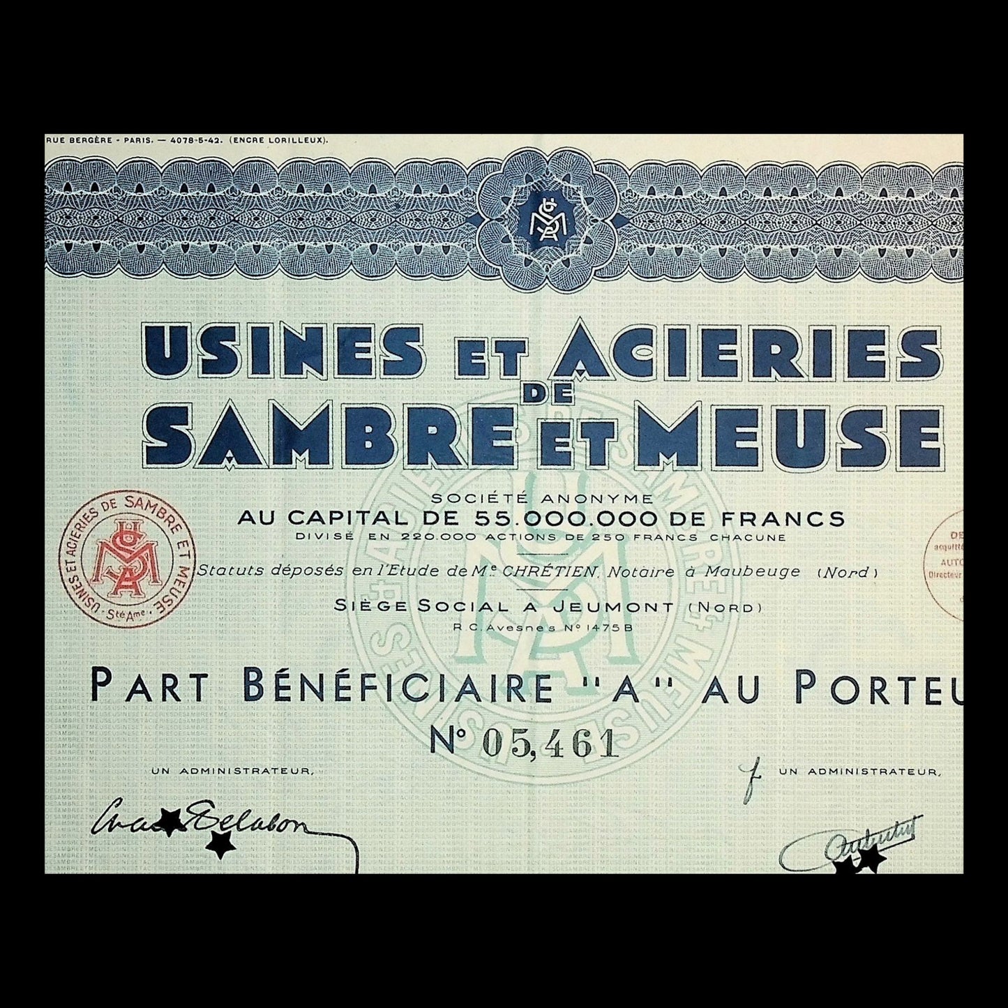 Sambre et Meuse (Steel Manufacturing) Stock Certificate in French from 1942