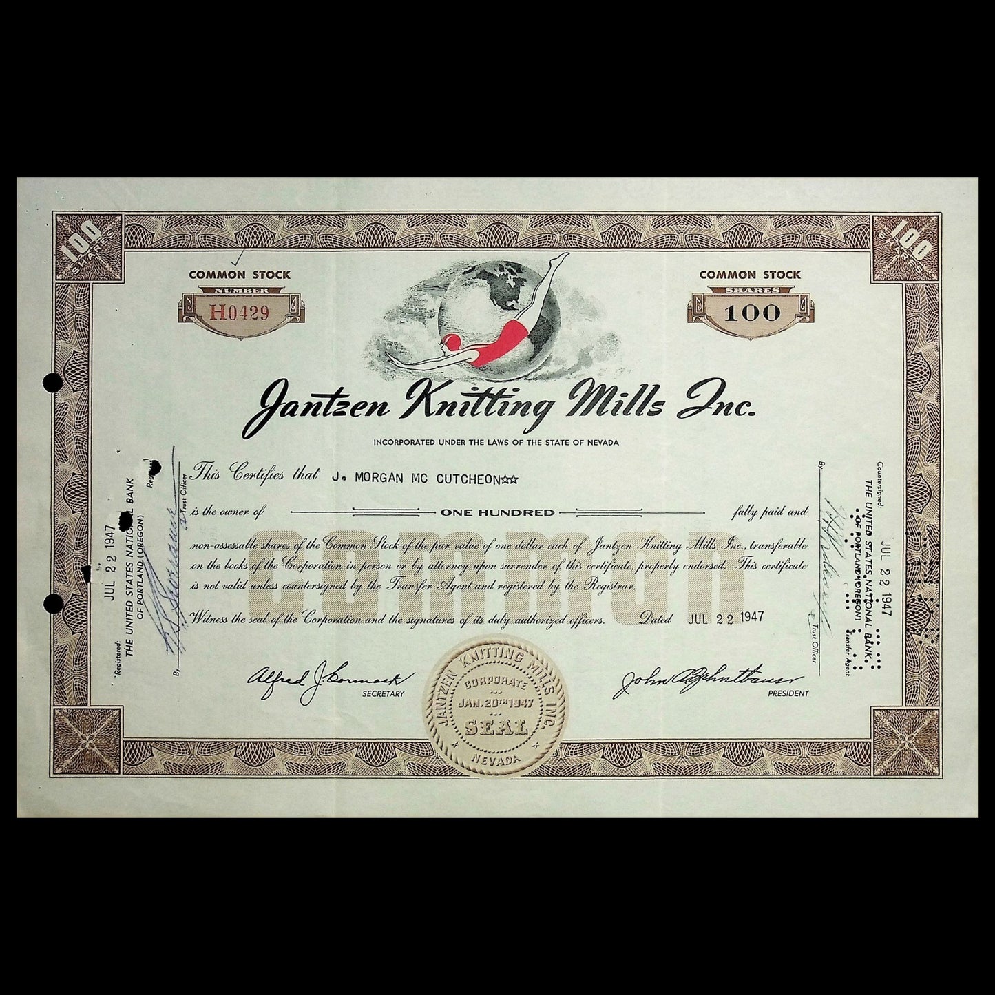 Jantzen Knitting Mills Inc Stock Certificate from 1940 - 1960s