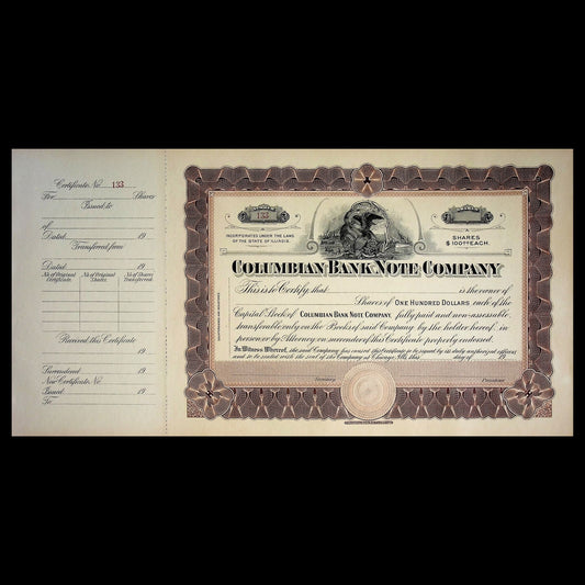 Columbian Bank Note Company Unissued Stock Certificate early 1900s