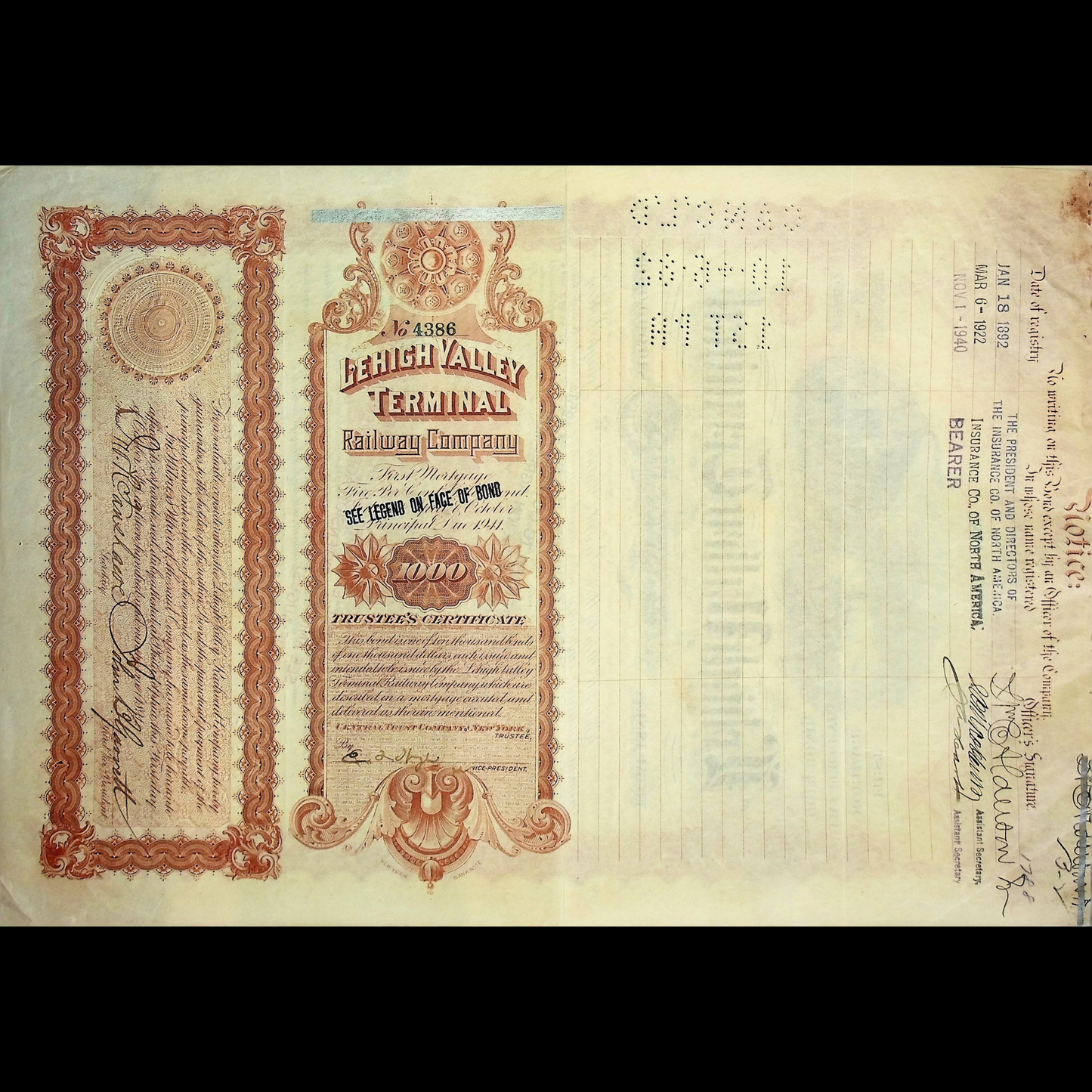 1892 年利哈伊谷终点铁路公司债券证书