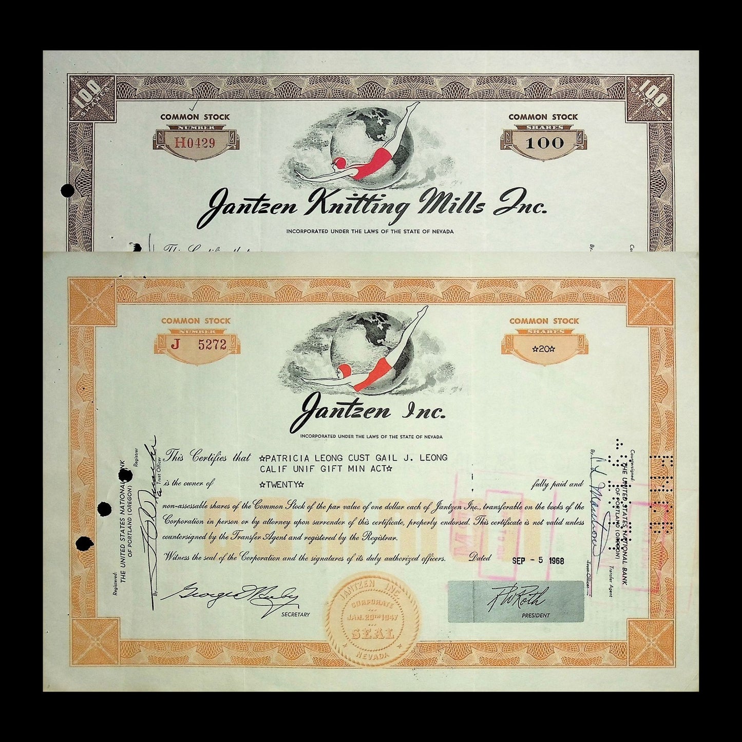Jantzen Knitting Mills Inc Stock Certificate from 1940 - 1960s