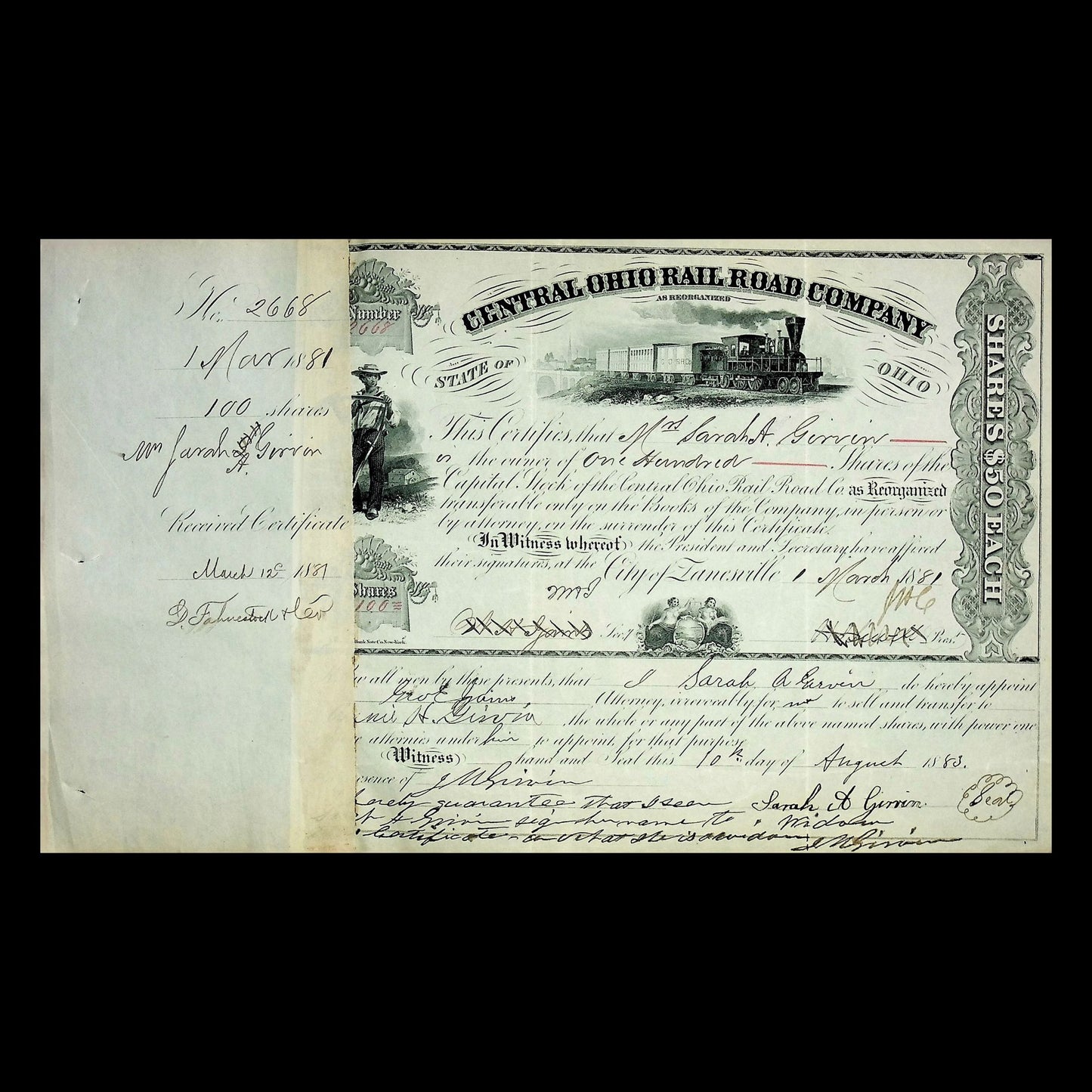 Central Ohio Rail Road Company Stock Certificate from 1881