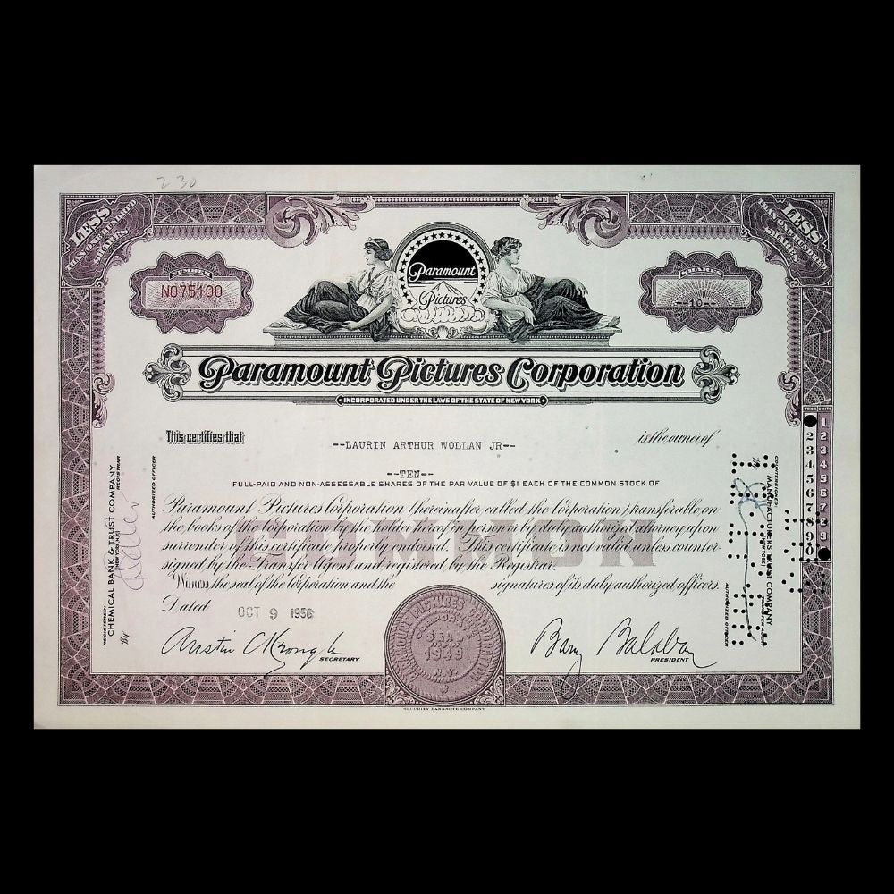 Paramount Pictures Stock Certificate from 1960s