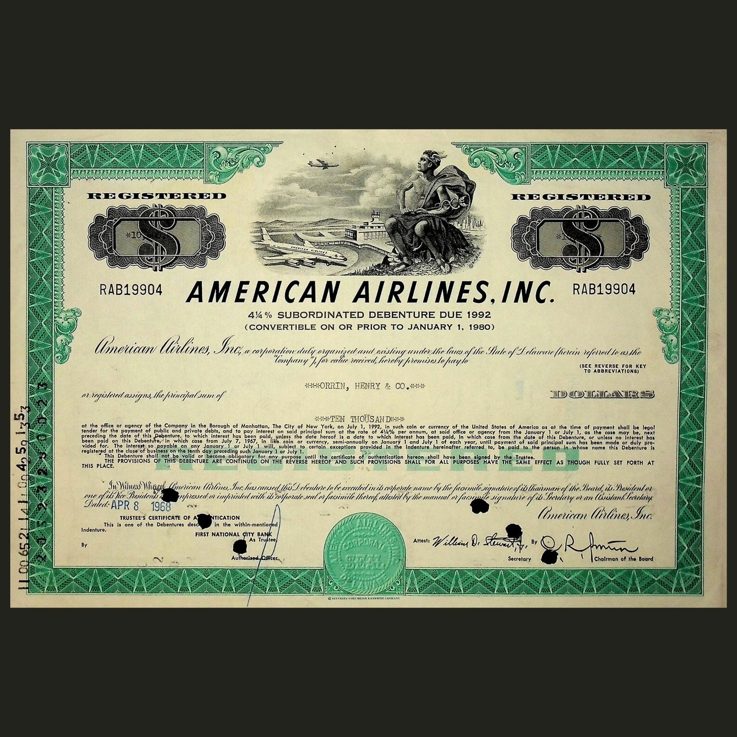 20 世纪 60 年代美国航空债券证书(3 种颜色)