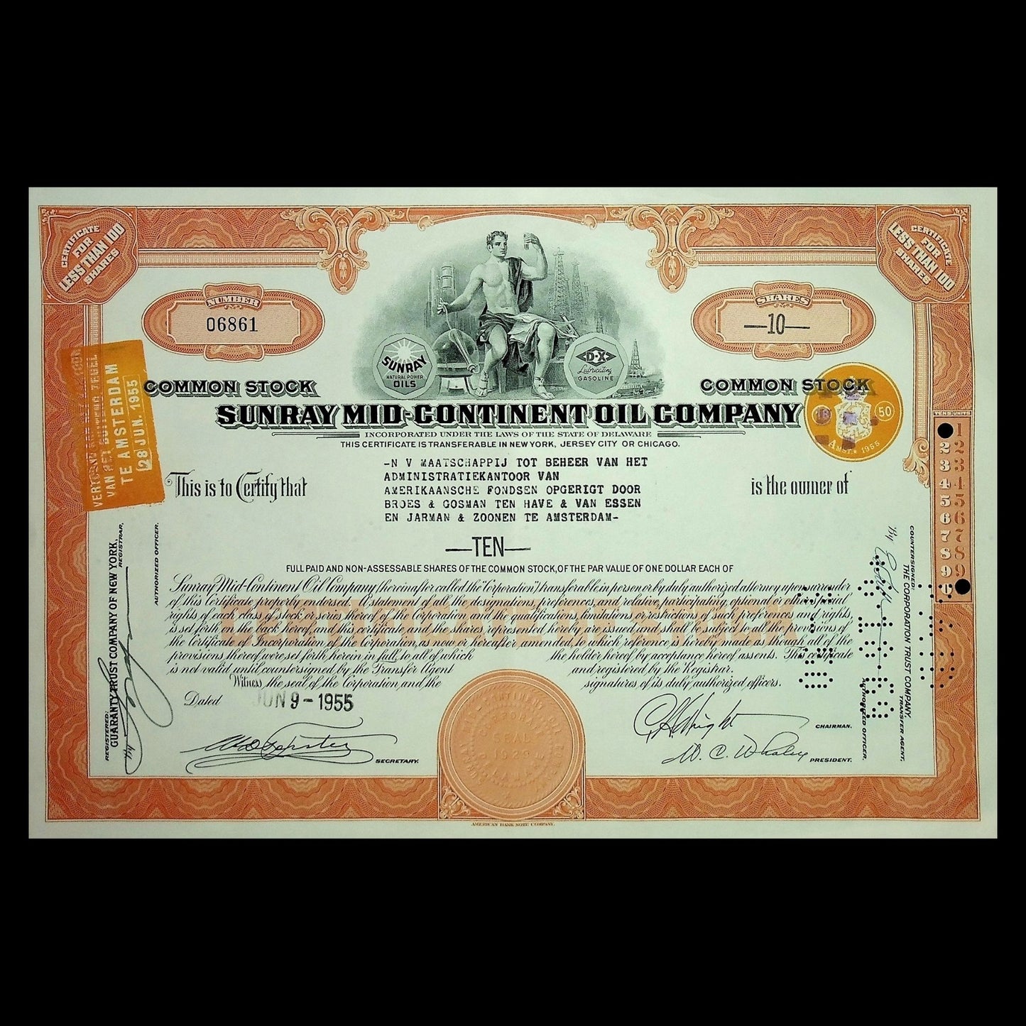 Sunray Mid-Continent Oil Company Stock Certificate from 1950s