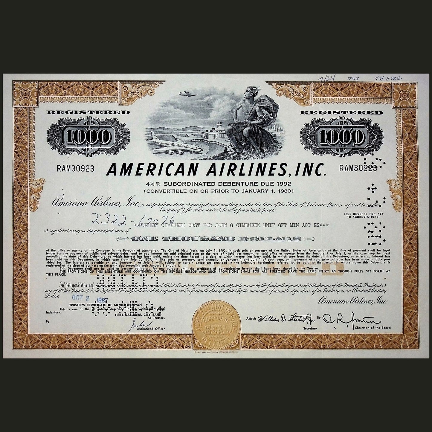 20 世纪 60 年代美国航空债券证书(3 种颜色)