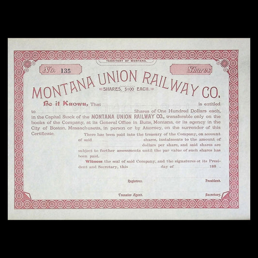 Montana Union Railway Company Unissued Stock Certificate from 1880s