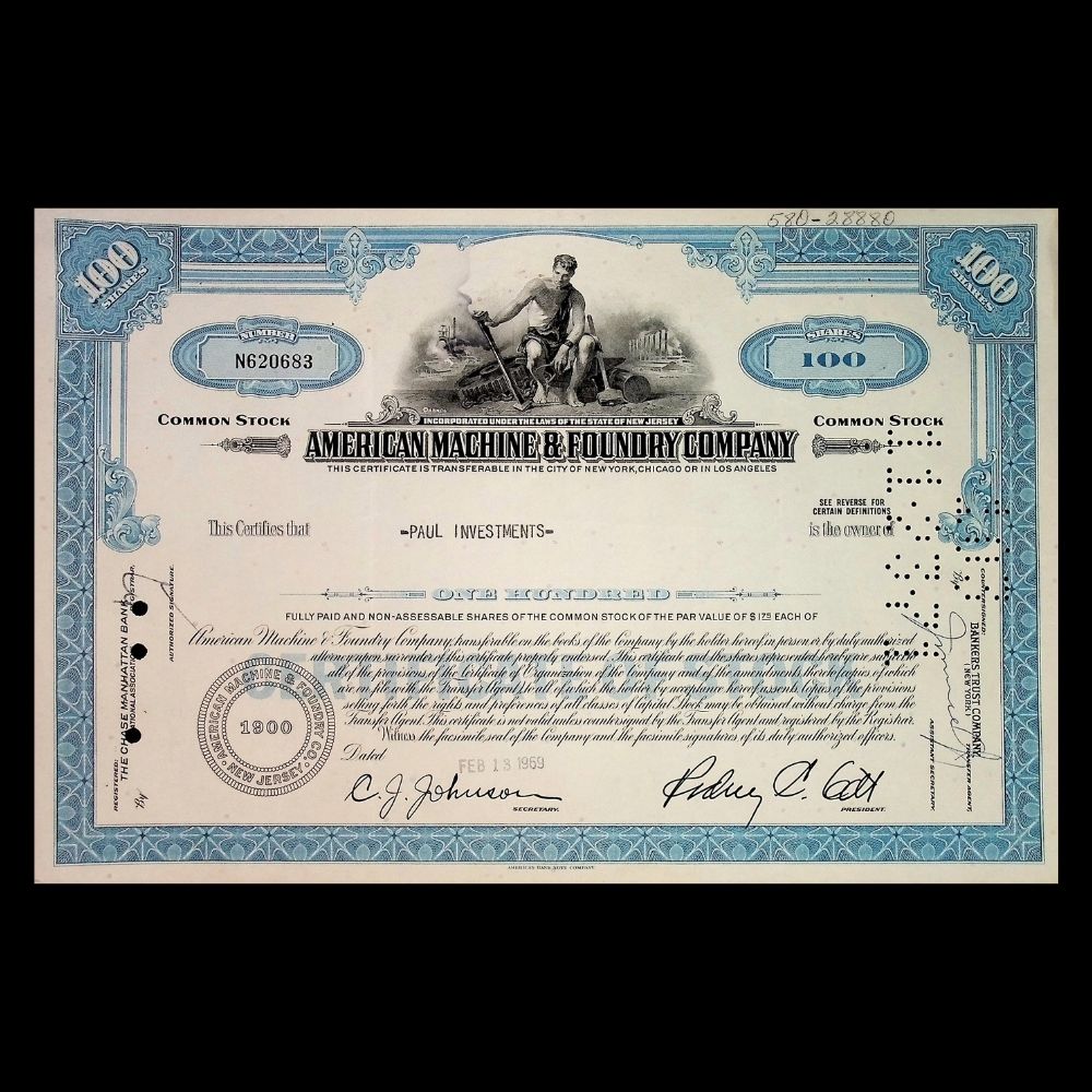 American Machine and Foundry (AMF Bowling) Company Stock Certificate from 1960s–70s