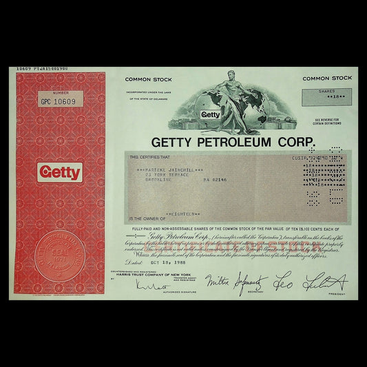 Getty Petroleum Corporation Stock Certificate from 1980s