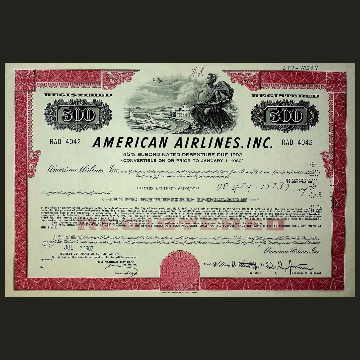 20 世纪 60 年代美国航空债券证书(3 种颜色)