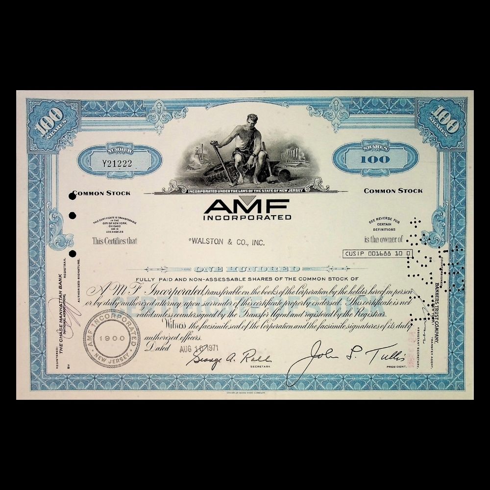 American Machine and Foundry (AMF Bowling) Company Stock Certificate from 1960s–70s