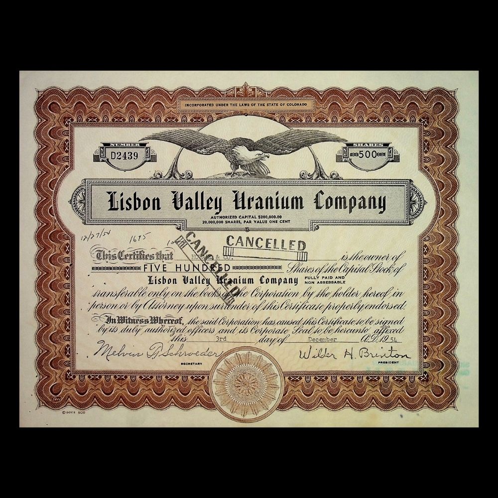 Lisbon Valley (Utah) Uranium Company Stock Certificate from 1950s