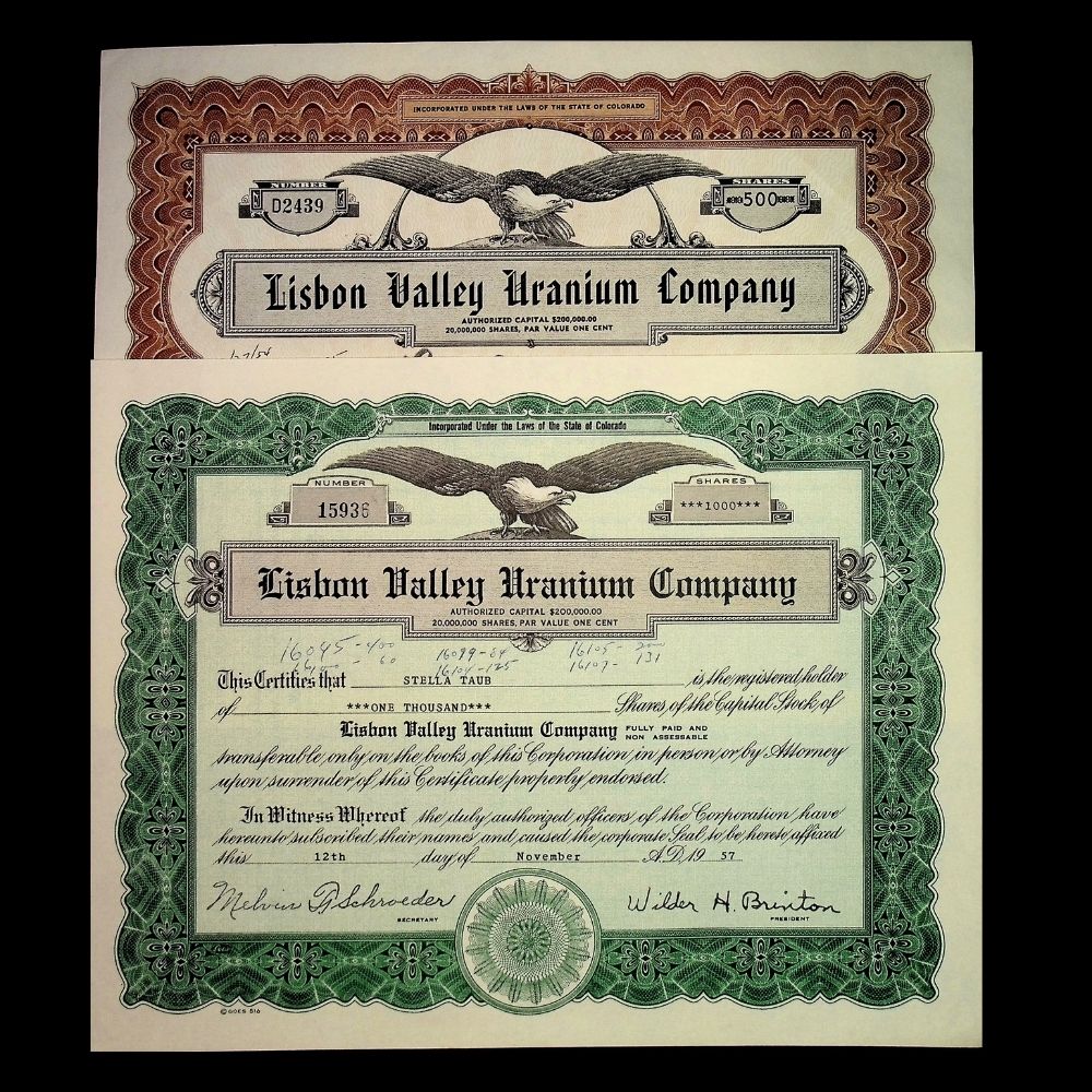 Lisbon Valley (Utah) Uranium Company Stock Certificate from 1950s