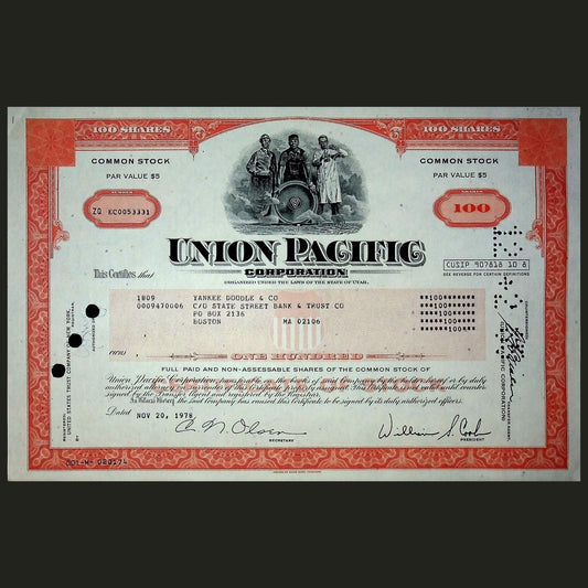 Union Pacific Stock Certificate from 1970s to 1980s