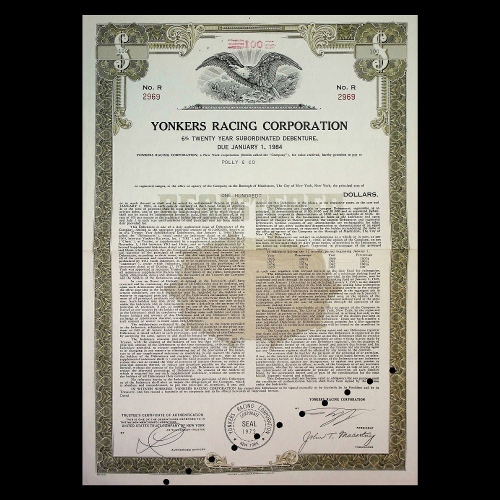Yonkers Racing Corporation (Empire City Casino) Bond Certificate from 1972