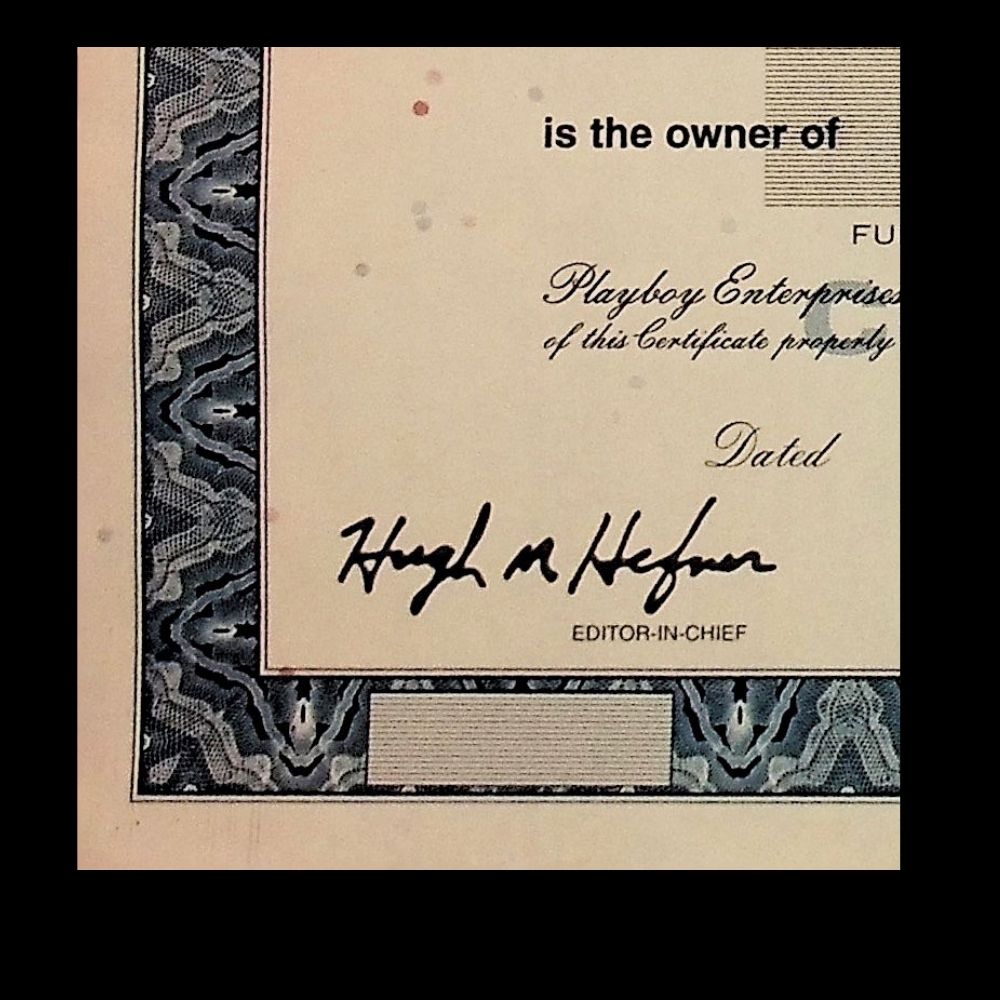 Playboy Stock Certificate from 2010 Twin Towers with Hugh Hefner Printed Signature
