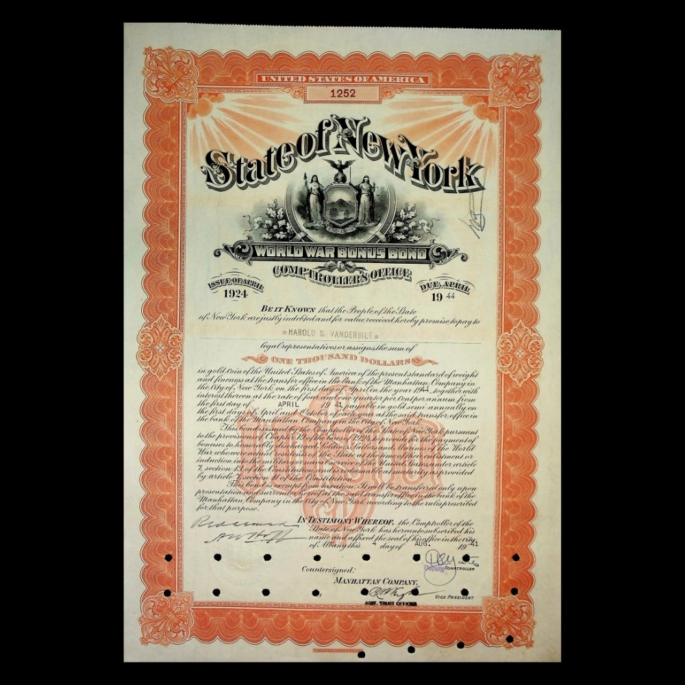 State of New York World War Bonus Bond (issued to Harold S. Vanderbilt) – New York, 1941 (Orange)