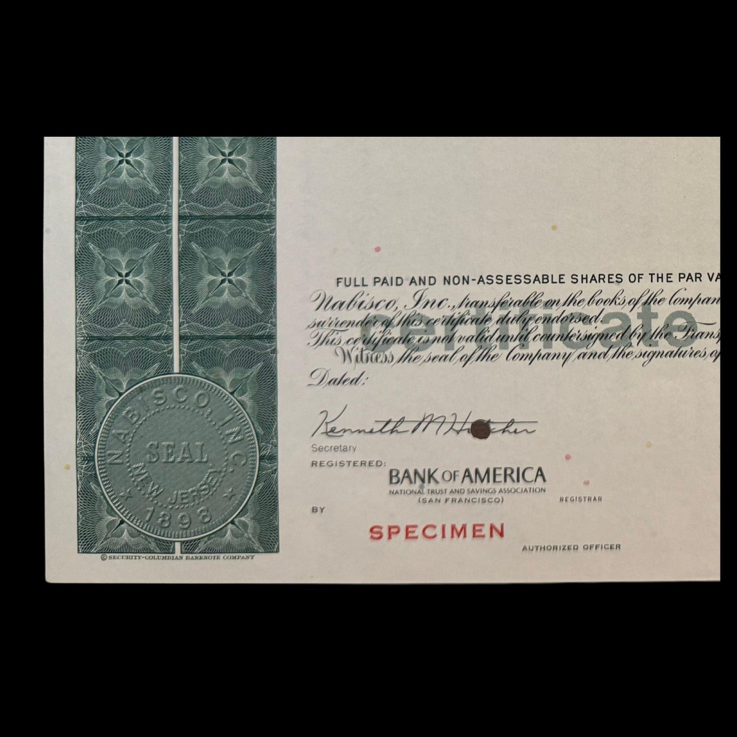 Nabisco Inc, Specimen Stock Certificate from 1970s