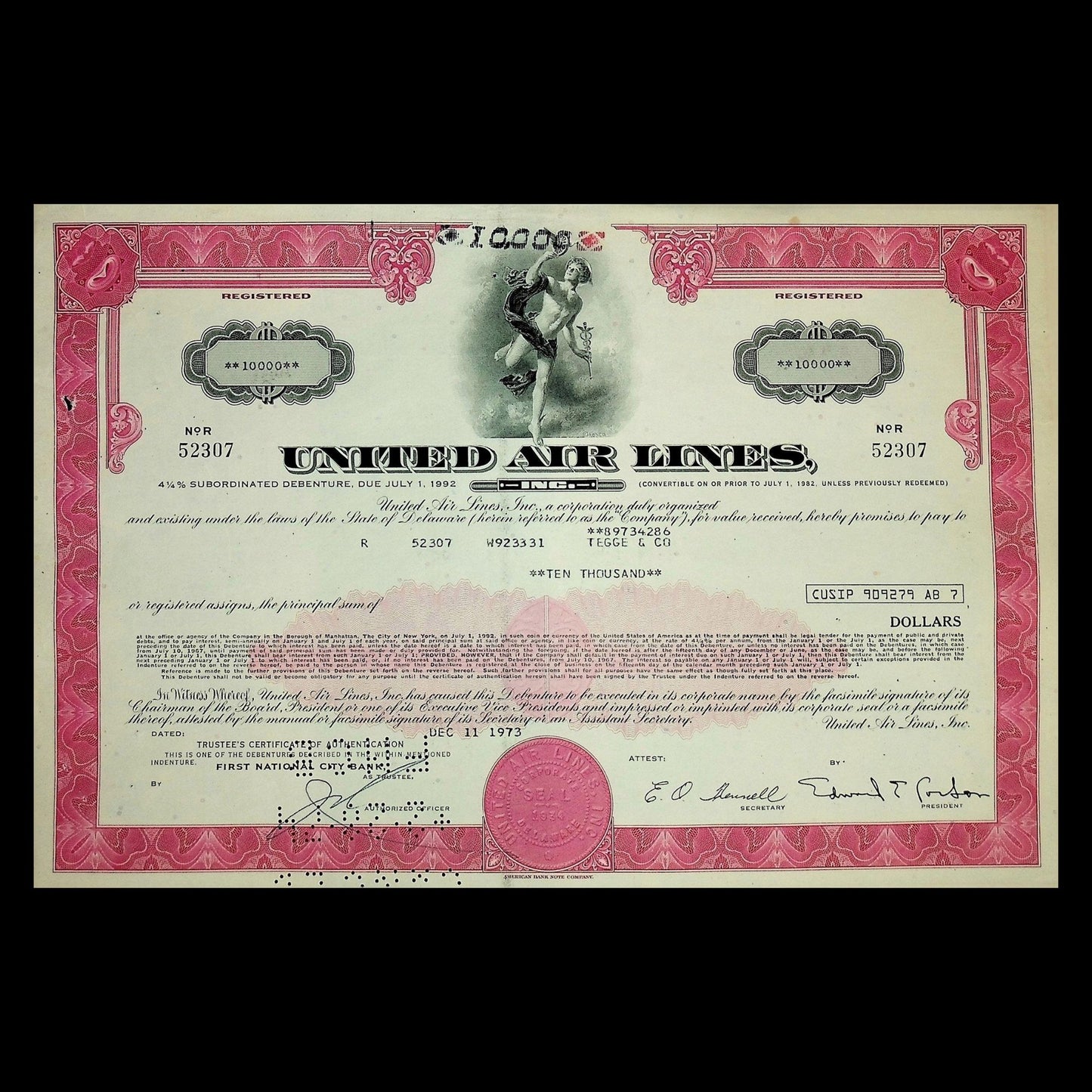 20 世纪 60 年代/70 年代联合航空公司债券证书(多种颜色)