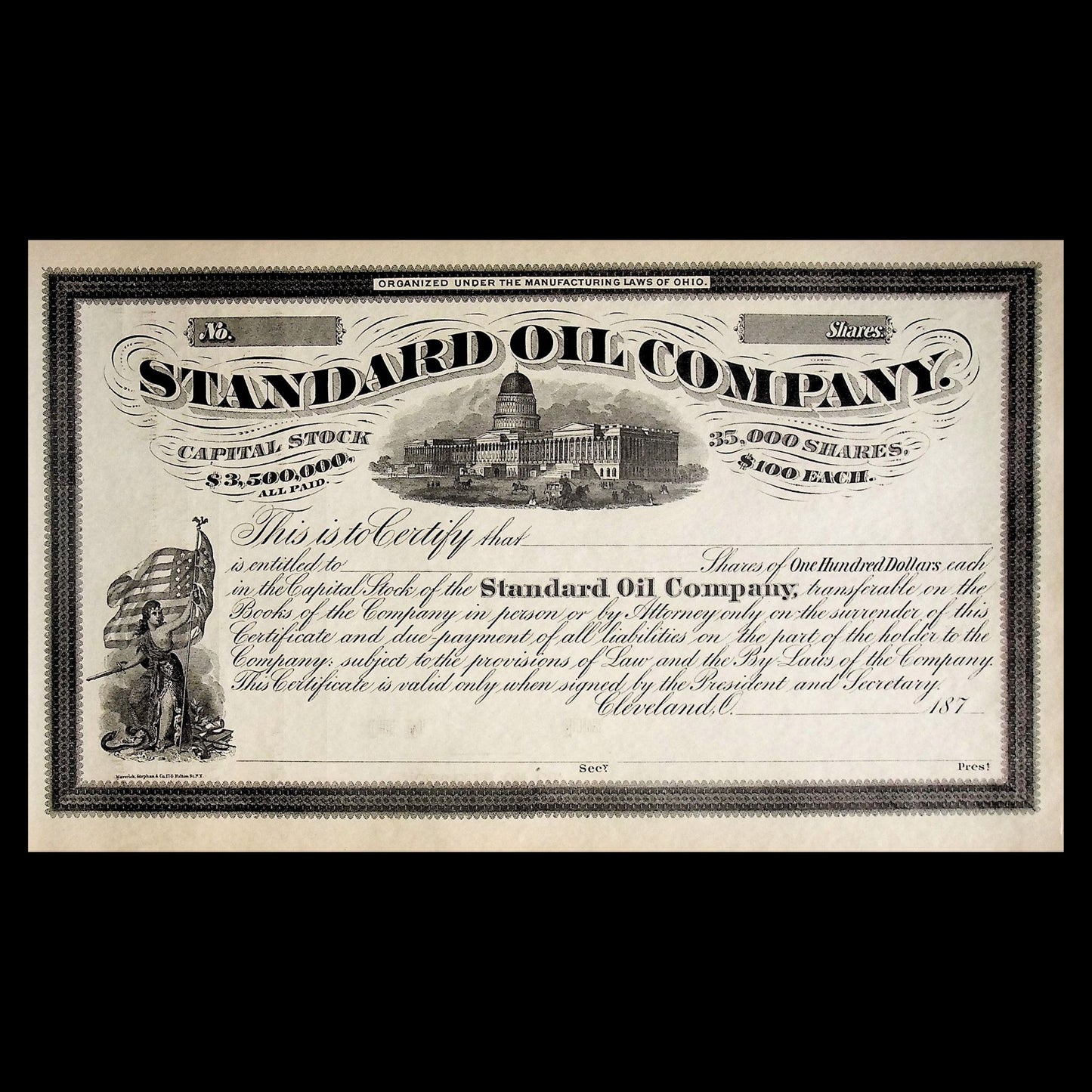 Standard Oil Company Unissued Stock Certificate from 1870s
