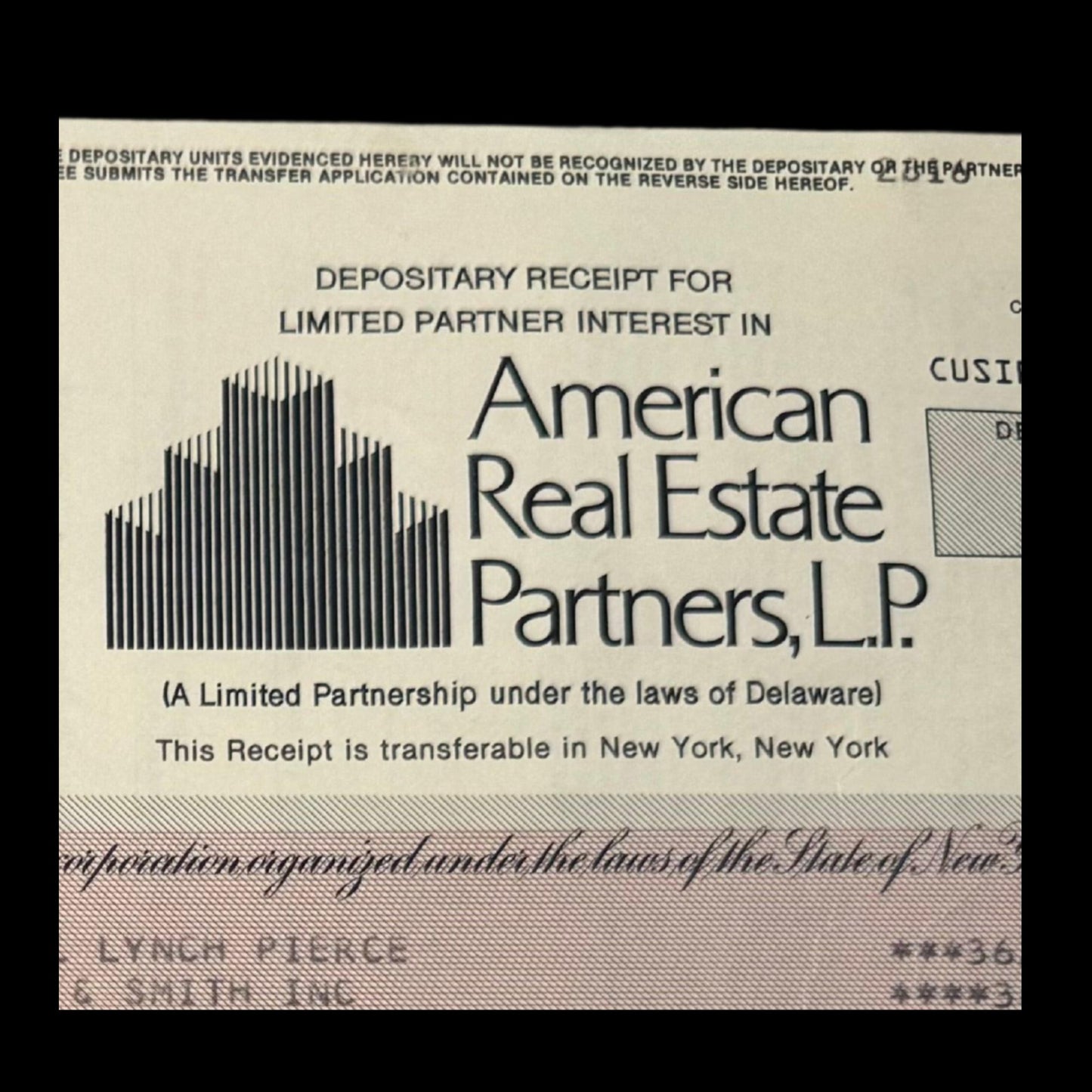 American Real Estate Partners, LP (Carl Ichan owned) Deposit Certificate from 1990