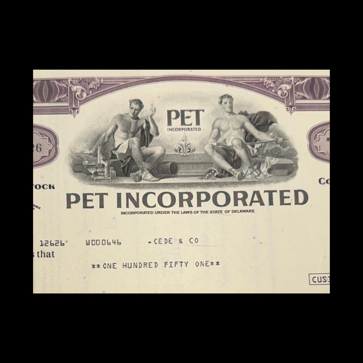 PET Incorporated(现为 JM Smucker/Dean Foods)1975 年股票证书
